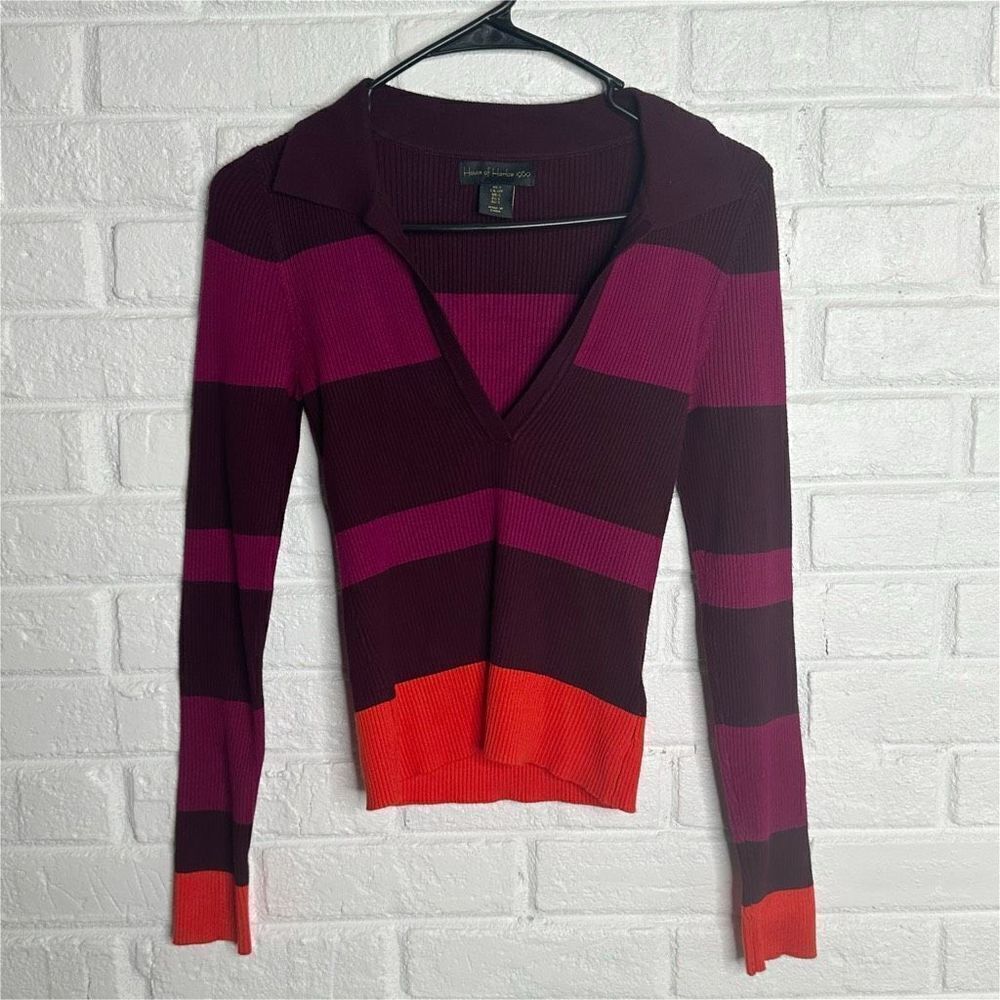 House of Harlow 1960 Striped Ribbed‎ Sweater Top Stretchy Collared size Small